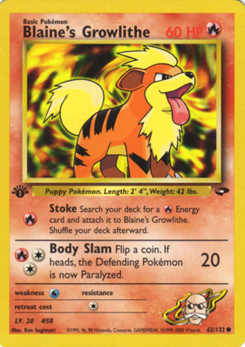 Pokemon BLAINE'S GROWLITHE Card GYM HEROES Set 35/132 UNCOMMON Unlimited NM
